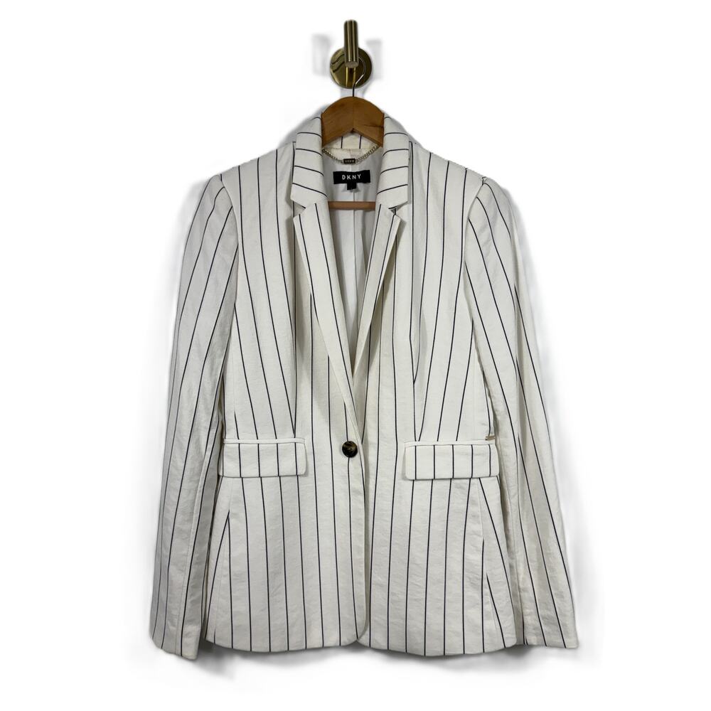 DKNY Womens White Pinstripe Single Button Blazer Jacket Sz 4 - Picture 2 of 11
